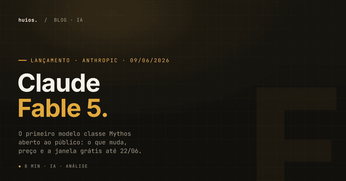 Hero do post Claude Fable 5: o que muda — estilo editorial Huios, fundo escuro com grid dourado