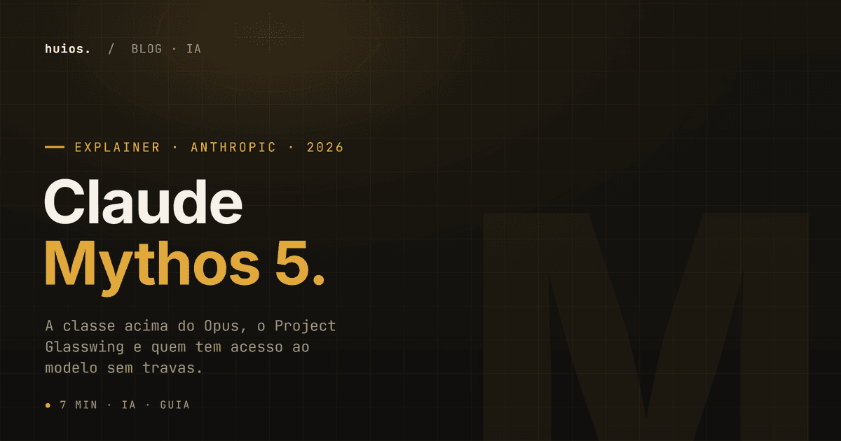 Hero do post Claude Mythos 5: o que é e quem tem acesso — estilo editorial Huios, fundo escuro com grid dourado