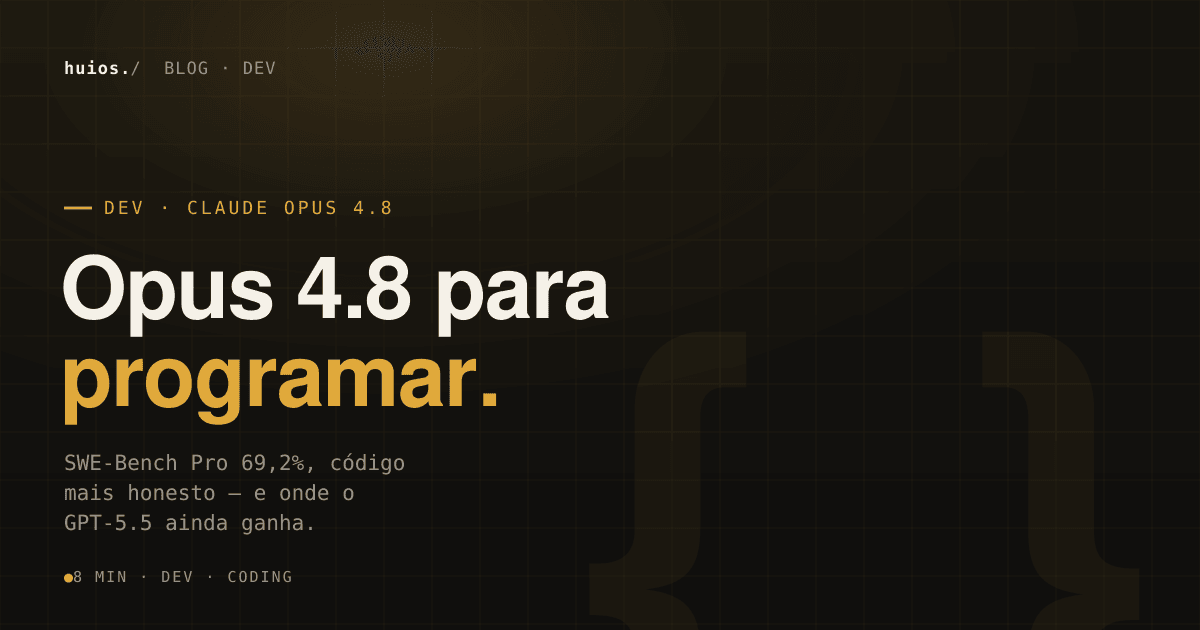 Hero do post Claude Opus 4.8 para programar — estilo editorial Huios