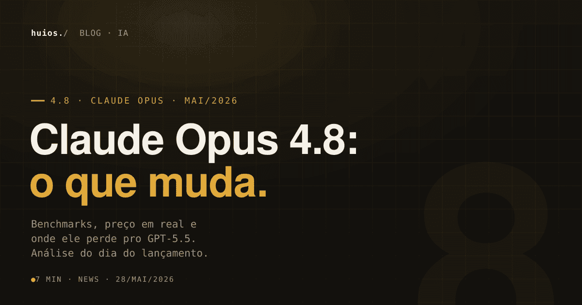 Hero do post Claude Opus 4.8: o que muda — estilo editorial Huios