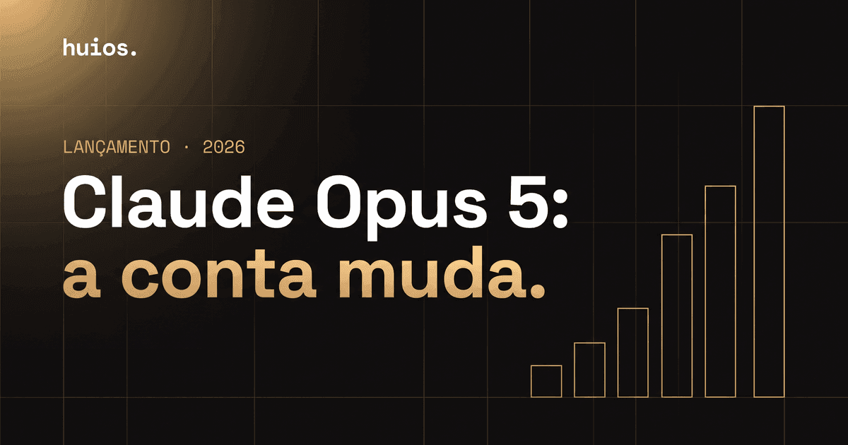 Capa do post sobre o Claude Opus 5: arte editorial escura com grade dourada, título em duas linhas e um gráfico de barras ascendente desenhado em traço dourado à direita