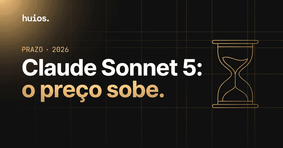 Capa do post sobre o Claude Sonnet 5: arte editorial escura com grade dourada, título em duas linhas e uma ampulheta desenhada em traço dourado à direita