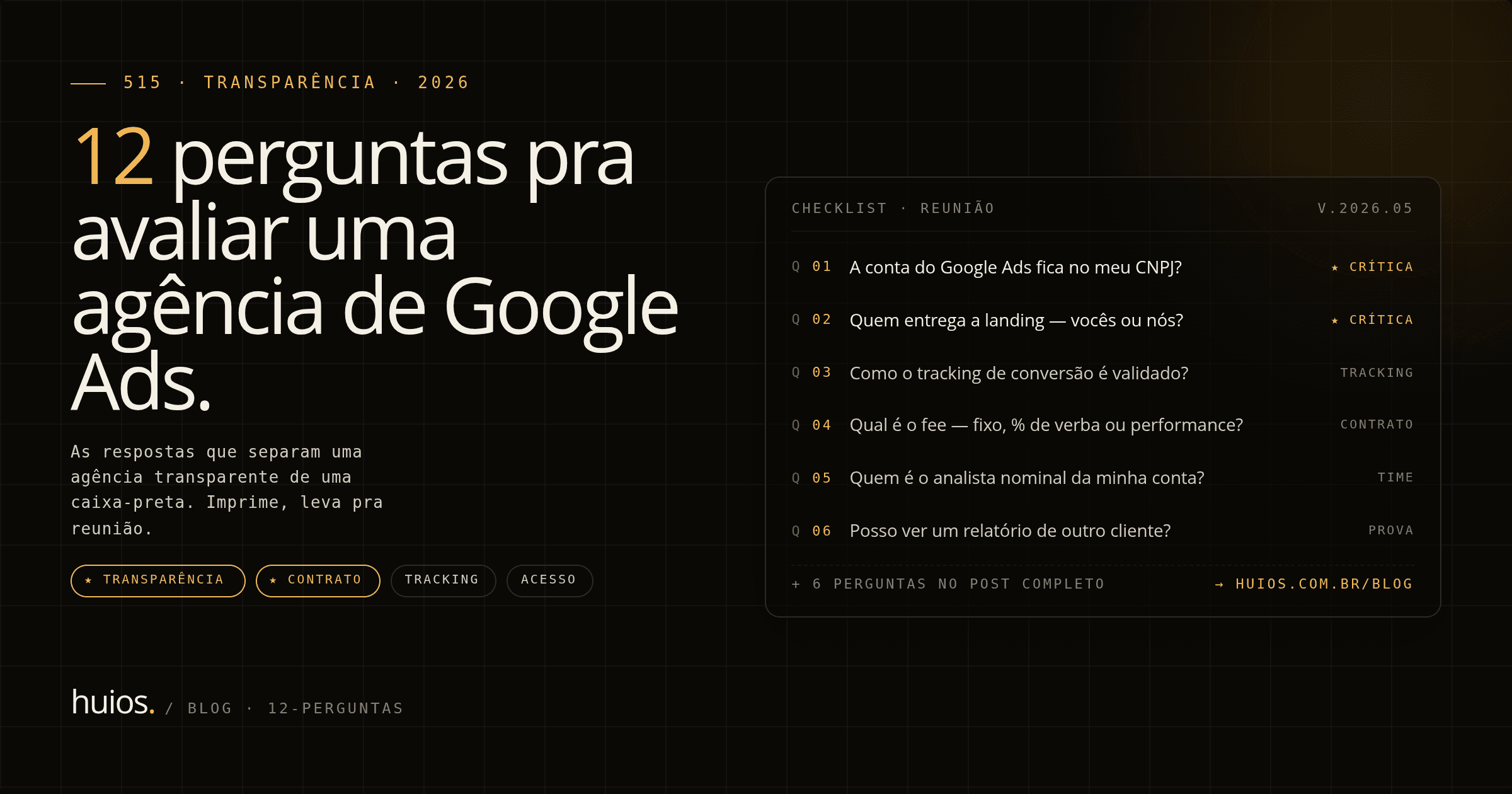 Capa do post: 12 perguntas pra avaliar agência de Google Ads em 2026