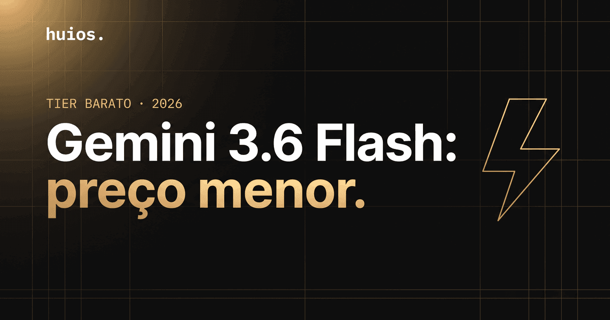 Capa do post sobre o Gemini 3.6 Flash: arte editorial escura com grade dourada, título em duas linhas e um raio desenhado em traço dourado à direita