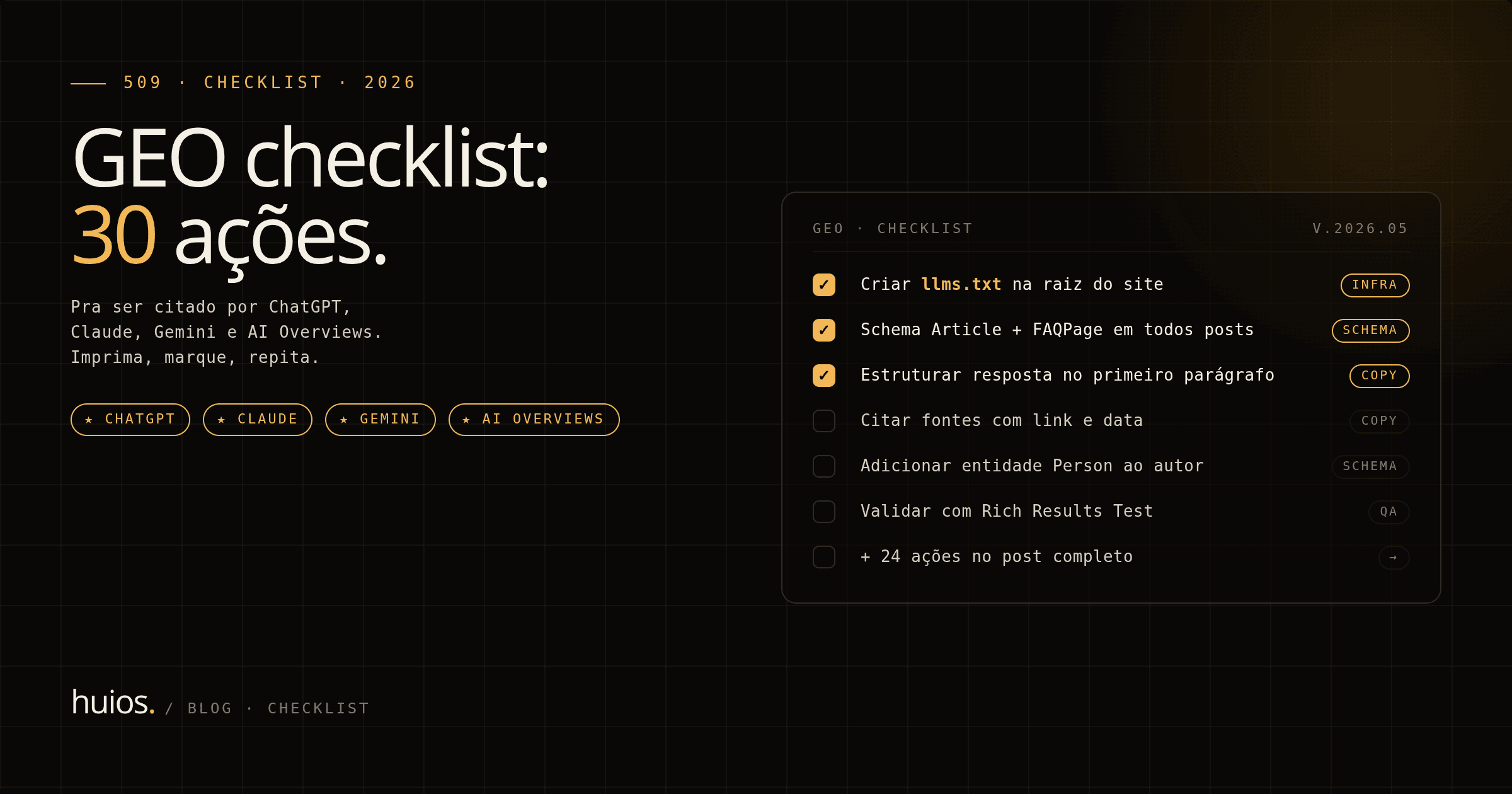Capa do post: GEO checklist 2026: 30 ações pra ser citado por ChatGPT, Claude, Gemini e AI Overviews