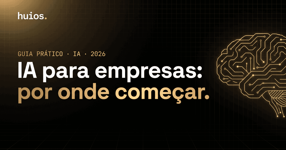 Capa do post IA para empresas: fundo escuro com grid dourado, headline 'IA para empresas: por onde começar' e cérebro de circuitos em traço dourado