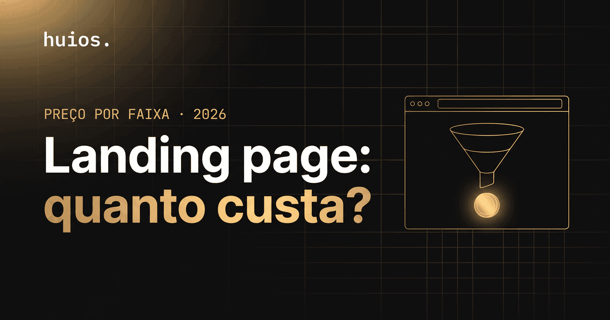 Capa do post Landing page preço: fundo escuro com grid dourado, headline 'Landing page: quanto custa?' e janela de navegador com funil de conversão e moeda dourada