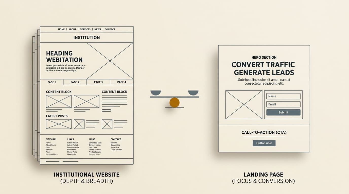 Capa do post: Landing page vs site institucional: comparativo, decision tree e quando usar cada um