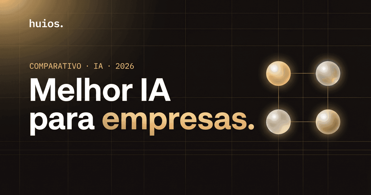 Capa do post Melhor IA para empresas: fundo escuro com grid dourado, headline 'Melhor IA para empresas' e quatro esferas douradas e prateadas em grade de comparação