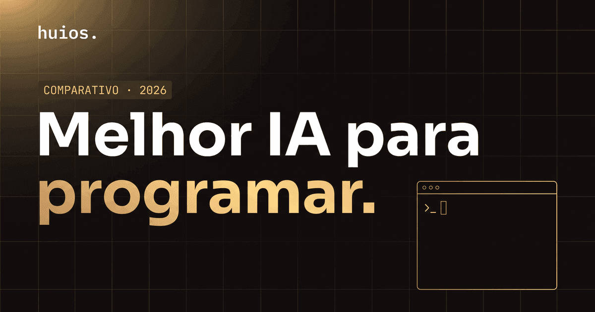 Capa do post sobre a melhor IA para programar em 2026: arte editorial escura com grade dourada, título em duas linhas e uma janela de terminal desenhada em traço dourado à direita