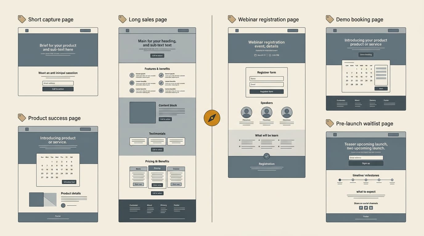 Capa do post: 5 modelos de landing page por objetivo de campanha (captação, venda, webinar, agendamento, lançamento)