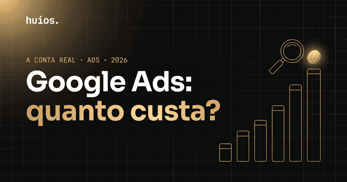 Capa do post Quanto custa anunciar no Google Ads: fundo escuro com grid dourado, headline 'Google Ads: quanto custa?' e gráfico de barras ascendente com lupa e moeda