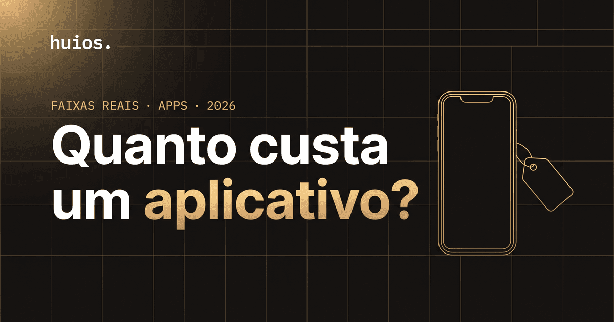 Capa do post Quanto custa um aplicativo: fundo escuro com grid dourado, headline 'Quanto custa um aplicativo?' e smartphone em contorno dourado com etiqueta de preço