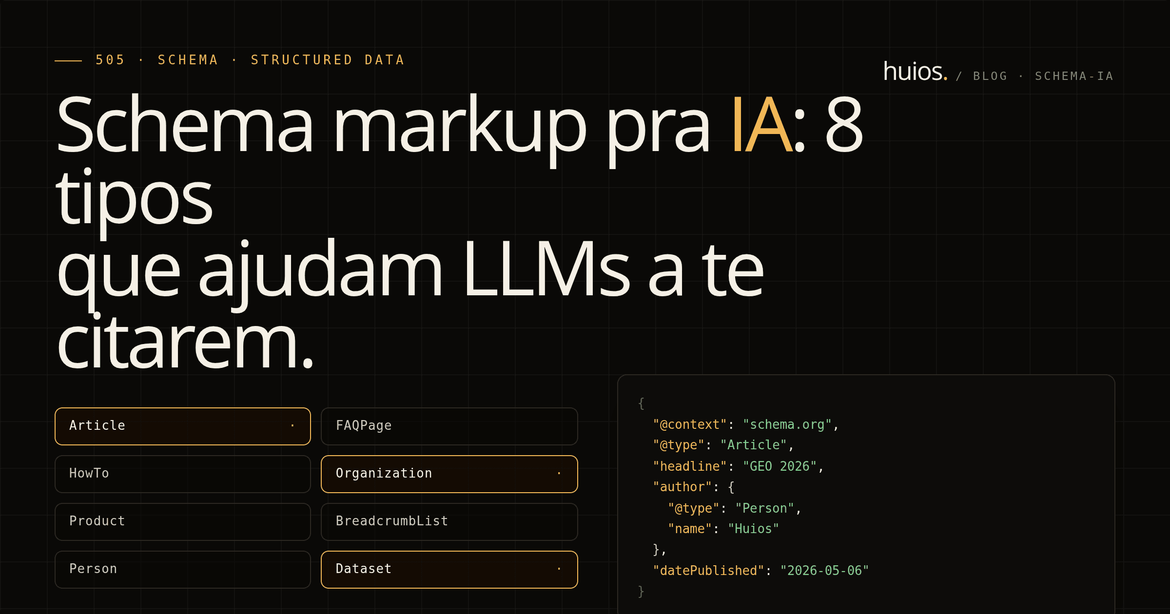 Capa do post: Schema markup para IA: 8 tipos que ajudam LLMs a citarem (com exemplo)