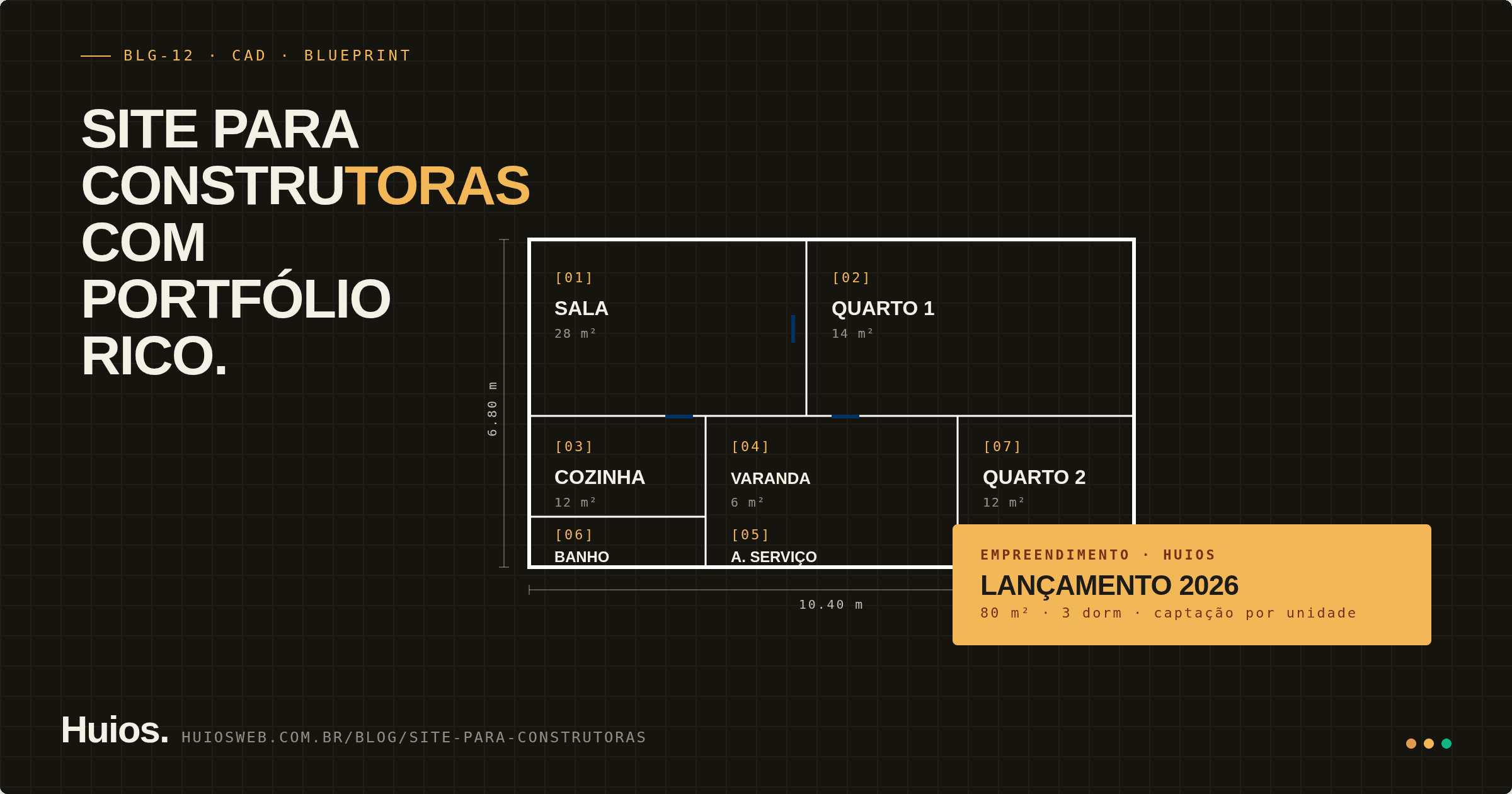 Planta baixa arquitetônica em estilo blueprint clássico — linhas brancas finas sobre fundo azul cyan profundo — mostrando uma planta de apartamento simplificada com legendas mono pequenas SALA, QUARTO, COZINHA e cotas em branco translúcido nas paredes