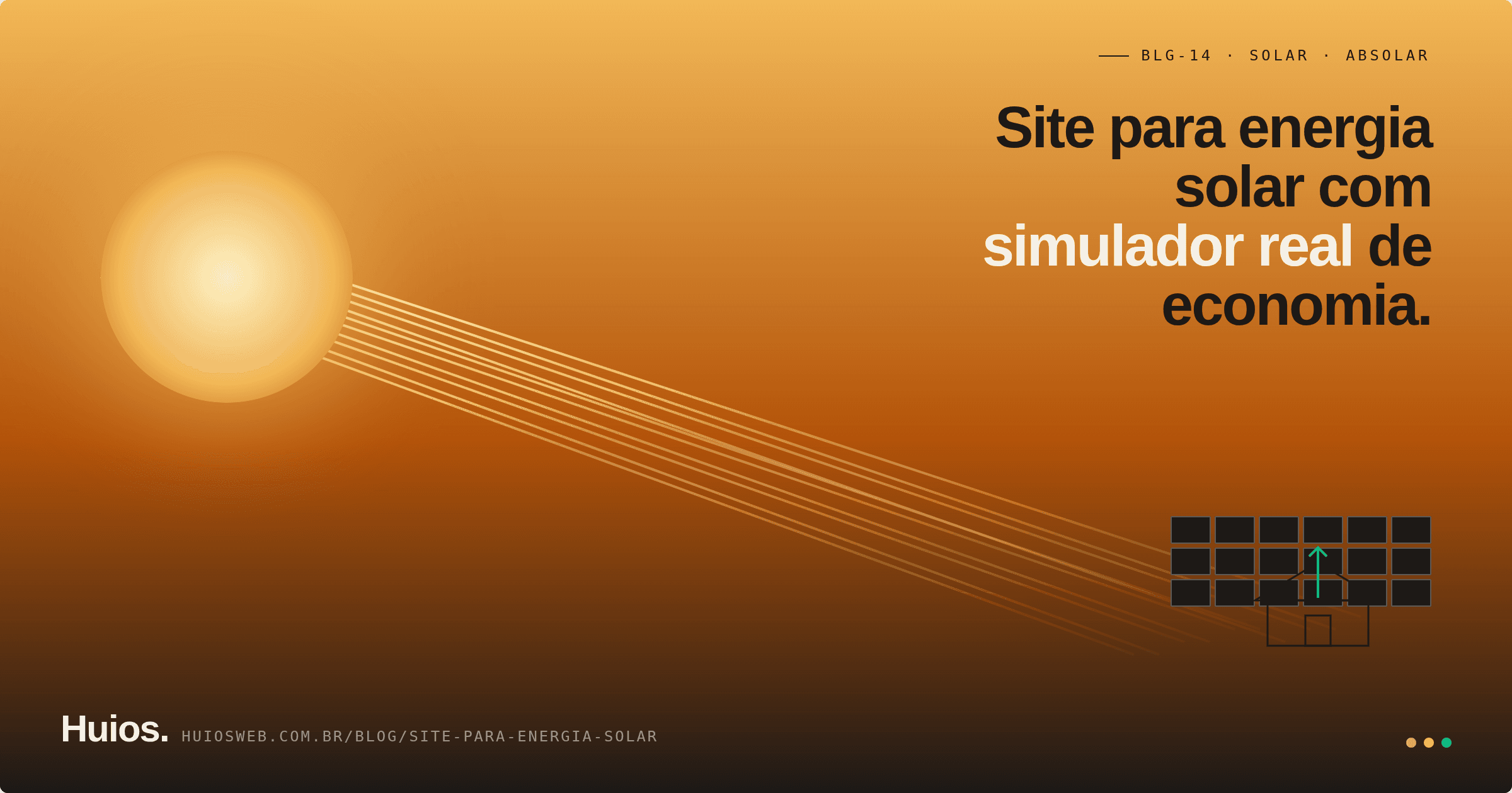 Composição sun-to-grid em gradiente do amarelo solar pra azul céu mostrando um círculo sol estilizado à esquerda que se desfaz em linhas paralelas descendo na diagonal até quadradinhos representando painéis fotovoltaicos no canto inferior direito sobre silhueta linear de uma casa