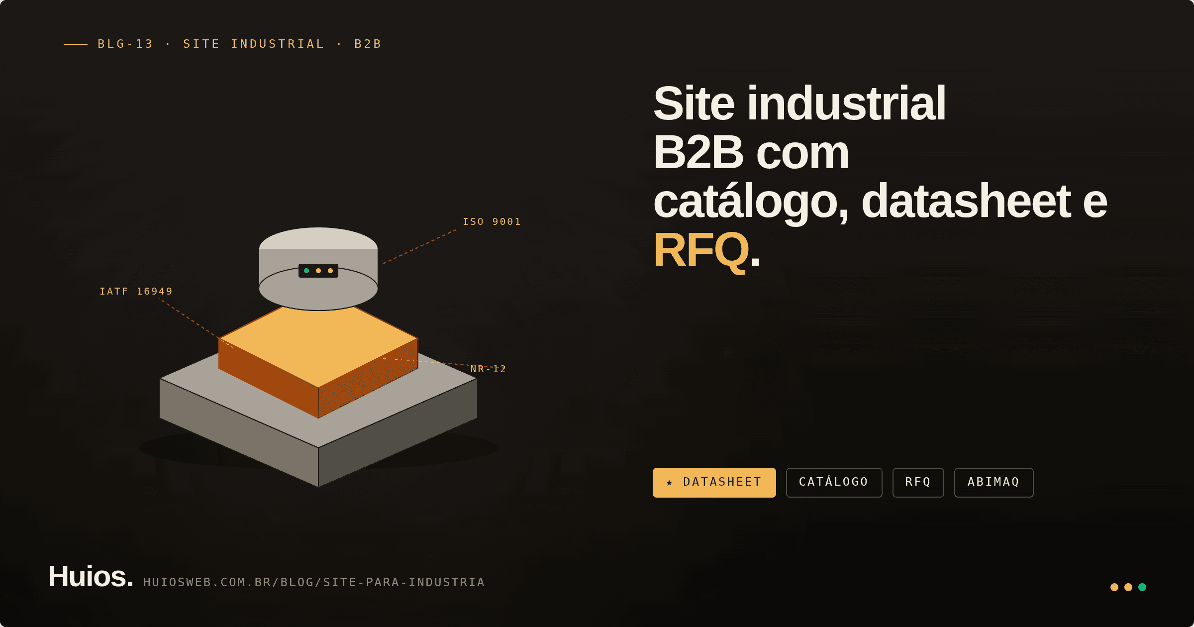 Ilustração isométrica industrial em vector flat sobre fundo steel gray mostrando uma máquina-ferramenta abstrata em três camadas de cor com setas técnicas saindo dela apontando pra labels mono ISO 9001, IATF 16949 e NR-12 em safety orange