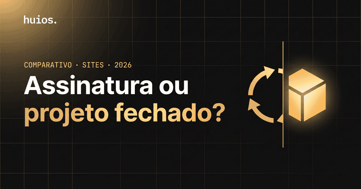 Capa do post Site por assinatura vs projeto fechado: fundo escuro com grid dourado, headline 'Assinatura ou projeto fechado?', ciclo de assinatura à esquerda e cubo dourado à direita