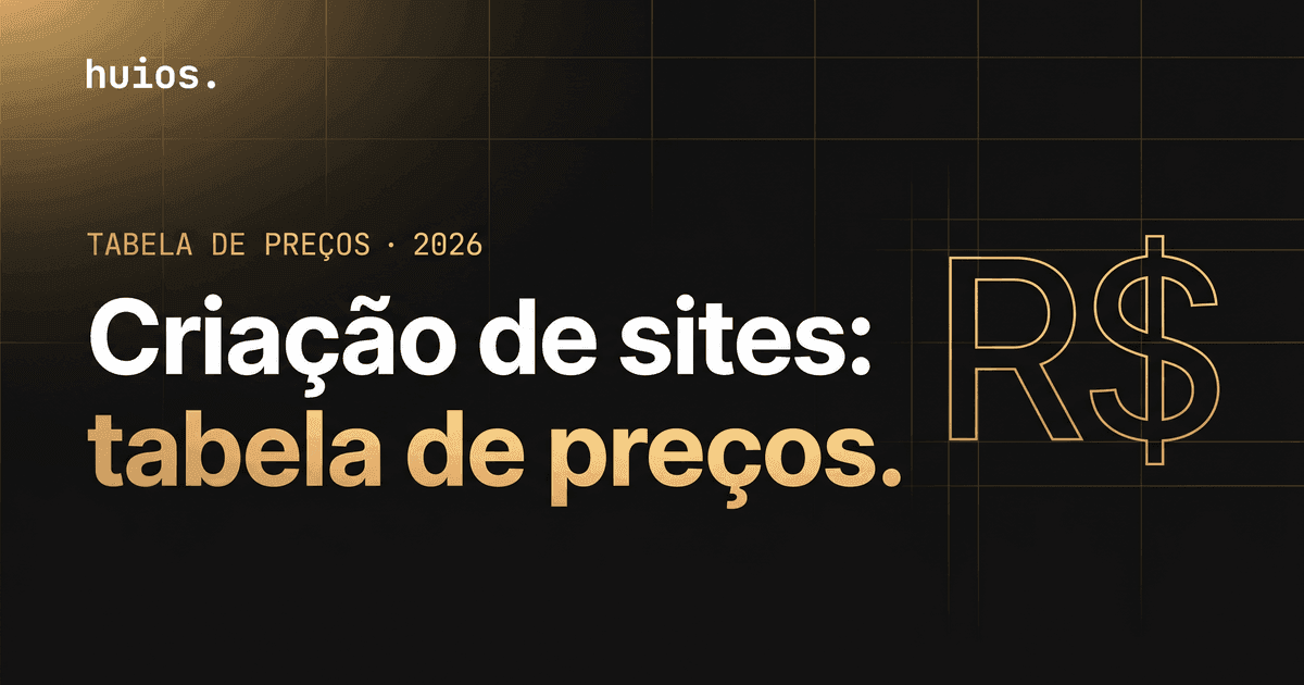 Capa do post Tabela de preços de criação de sites: fundo escuro com grid dourado, headline 'Criação de sites: tabela de preços' e símbolo R$ em contorno dourado