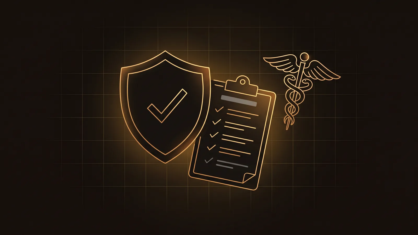 Escudo com selo de verificação, checklist e caduceu — conformidade do site médico com a Resolução CFM 2.336/2023 e a LGPD