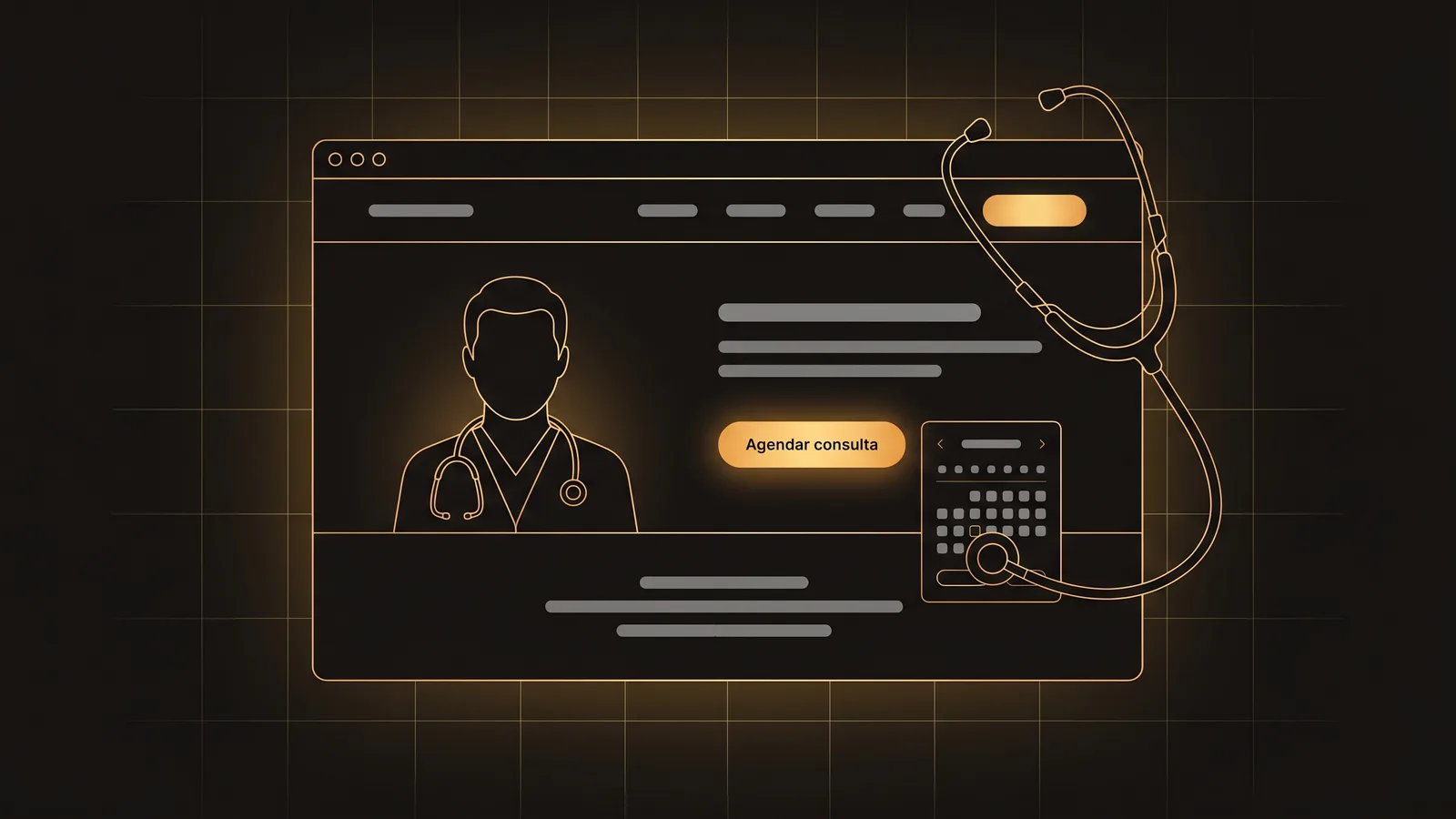 Ilustração de um site médico com perfil do profissional, botão de agendar consulta em destaque e agenda integrada