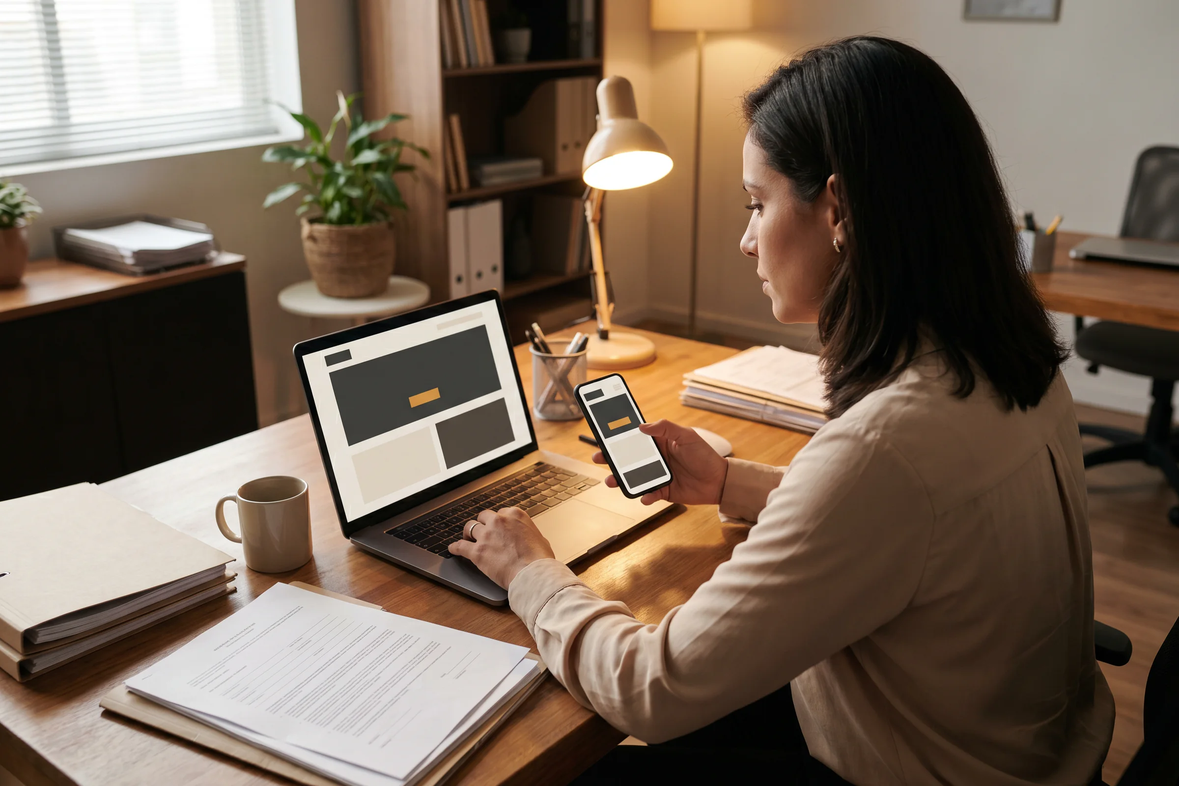 Contadora revisando no notebook e no celular a versão responsiva de um site para escritório contábil